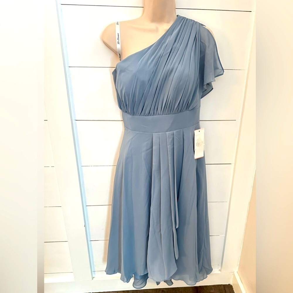 NWT JJ'S House 6 blue one shoulder flutter sleeve mini bridal wedding dress